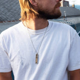 Model Wearing Petrichor ENCASED VIKING SWORD BRONZE Mens Pendant Necklace by Keith Jack - Alternate View