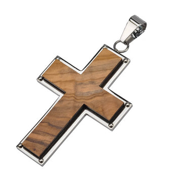 JERUSALEM CROSS Olive Wood and Steel Necklace Pendant for Men