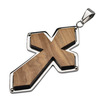 HOLY LAND CROSS Olive Wood and Steel Necklace Pendant for Men