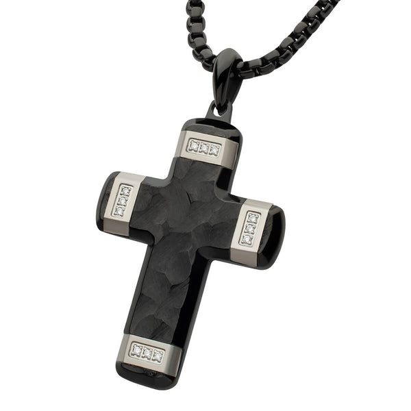 ORNATE CROSS BLACK Steel Men's Necklace with Diamonds