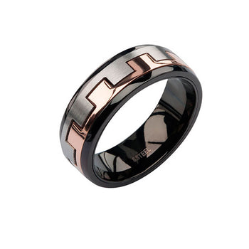 GEARHEAD RING Modern Black and Rose Gold Steel Mens Band Ring