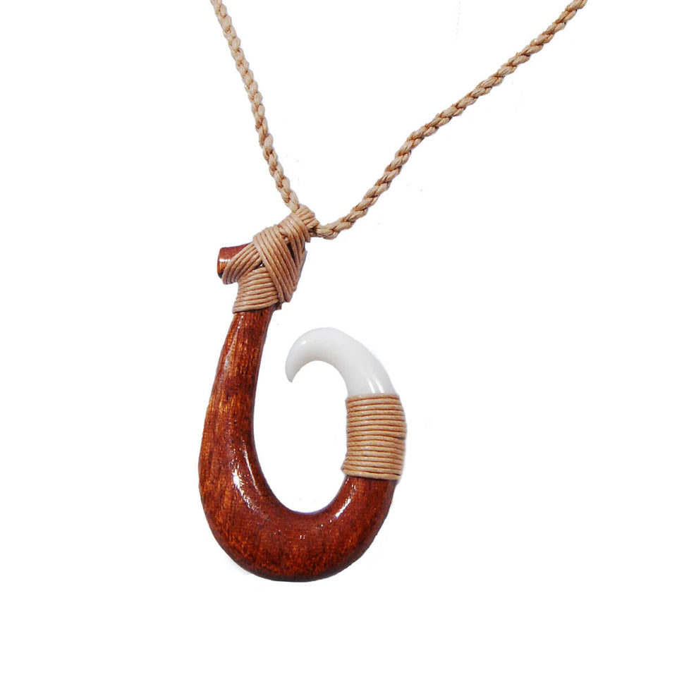 Hawaiian HALF BONE FISHHOOK Half Koa Wood Rope Necklace