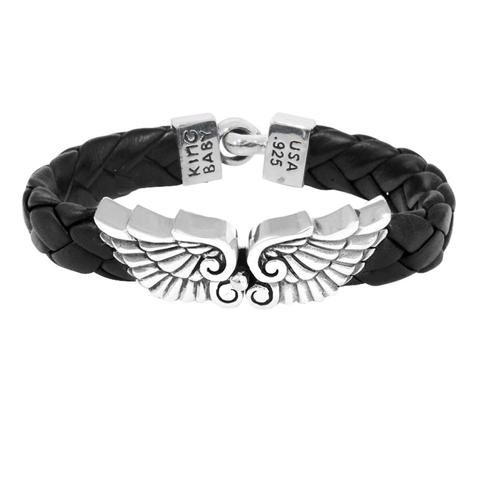 WINGS BLACK LEATHER Braided Mens Bracelet by King Baby