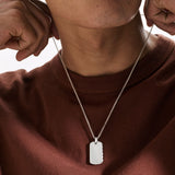 Model Wearing John Hardy Mens Dog Tag Pendant Necklace in Sterling Silver