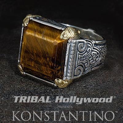 Konstantino SPARTAN WARRIOR TIGER EYE Silver 18k Gold Mens Ring - Pre-Owned