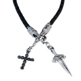 DEADLY DRAGON Mens Multi-Pendant Stainless Steel and Black Leather Necklace