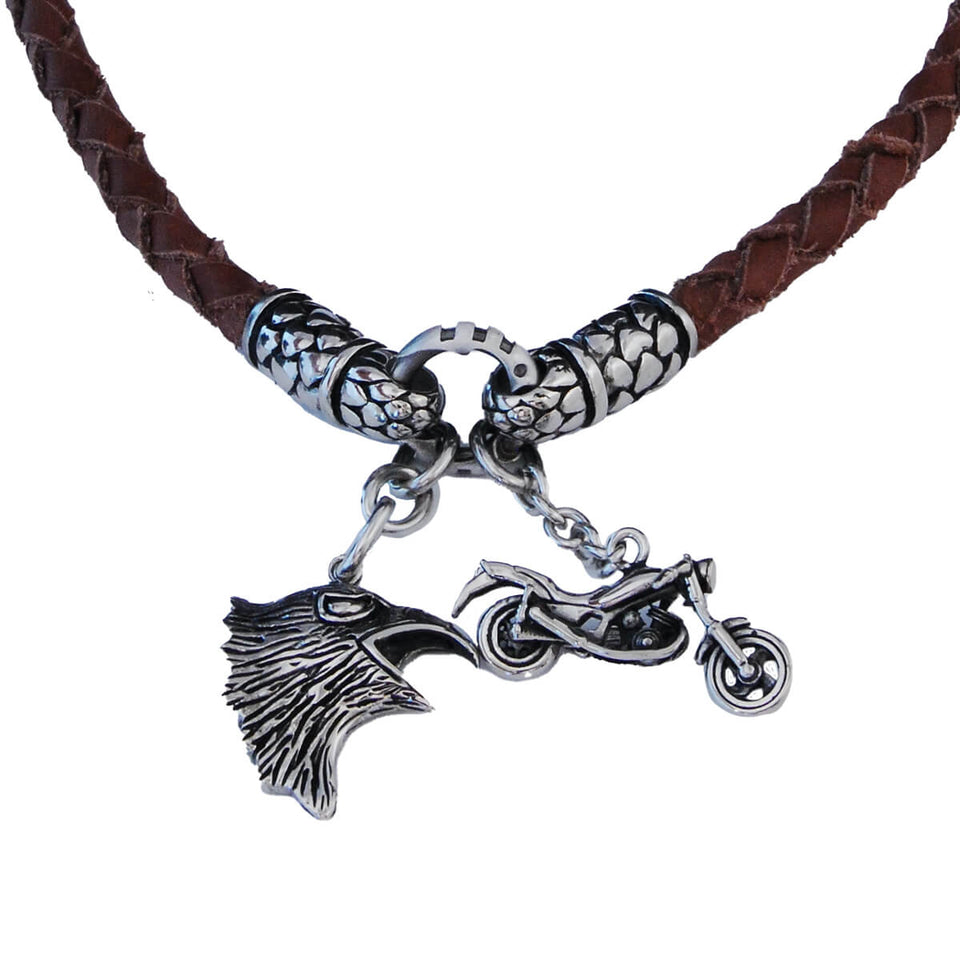 EASY RIDER Mens Multi-Pendant Stainless Steel and Brown Leather Necklace