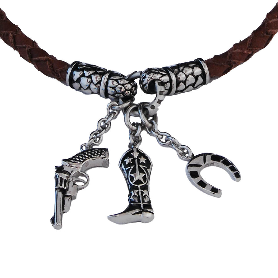 THE COWBOY Mens Multi-Pendant Stainless Steel and Brown Leather Necklace