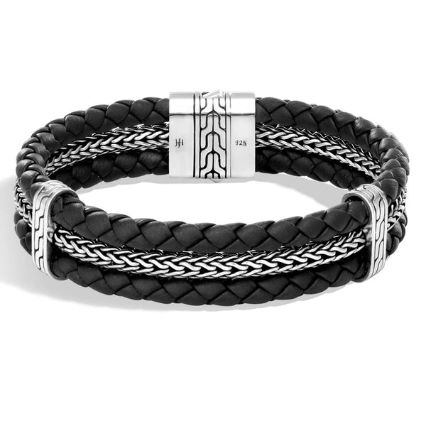 John Hardy Black Leather and Silver Classic Chain Mens Triple Bracelet