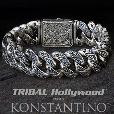 Konstantino Greek Spiral Scrollwork Silver Mens Bracelet
