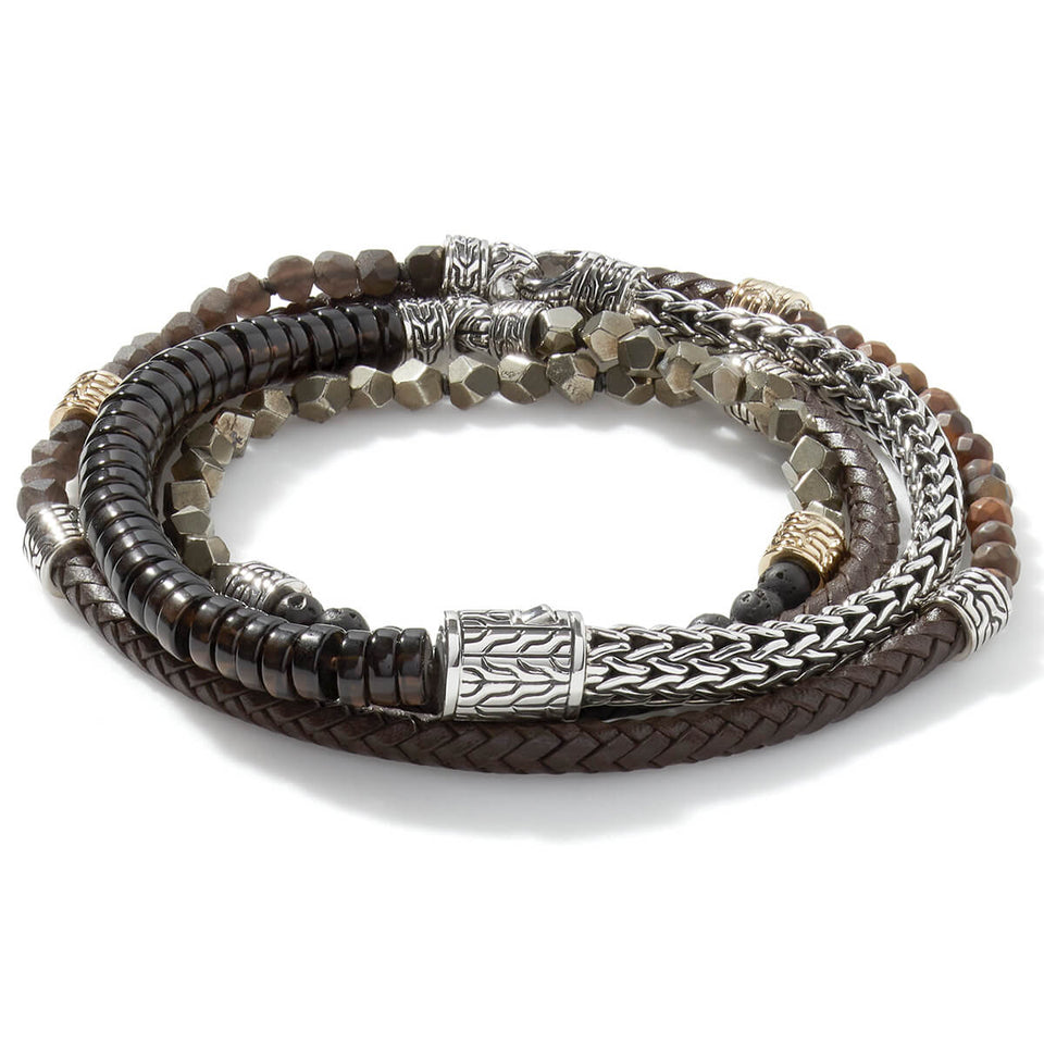 John Hardy Mens Multi-Wrap Brown Leather Silver and Bead Bracelet
