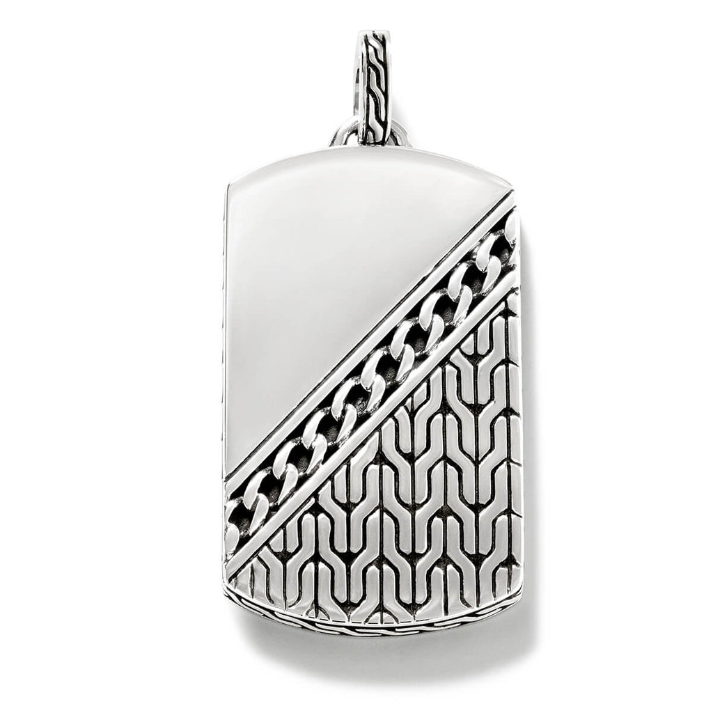 John Hardy Men's Carved Chain Dog Tag Necklace Pendant in Silver