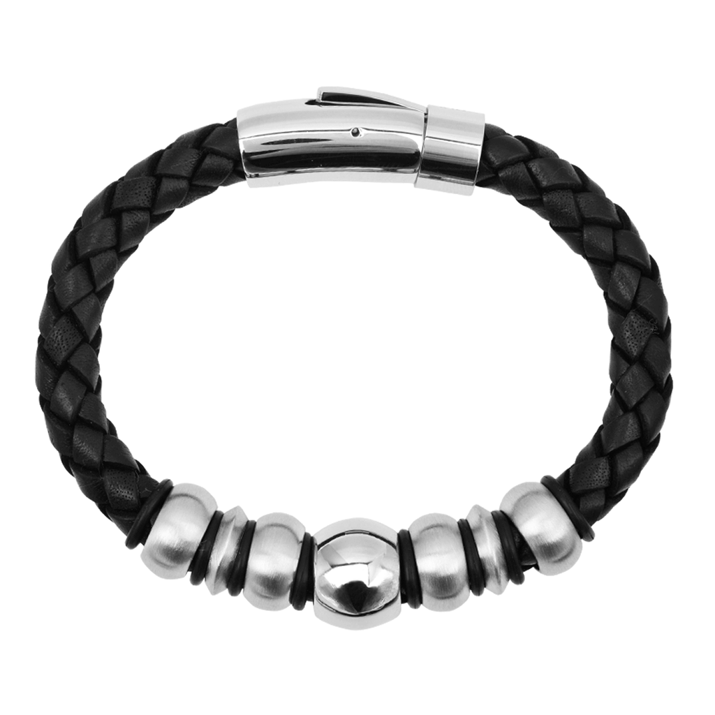 BACCI BALL Black Braided Leather Bracelet with Stainless Steel Beads