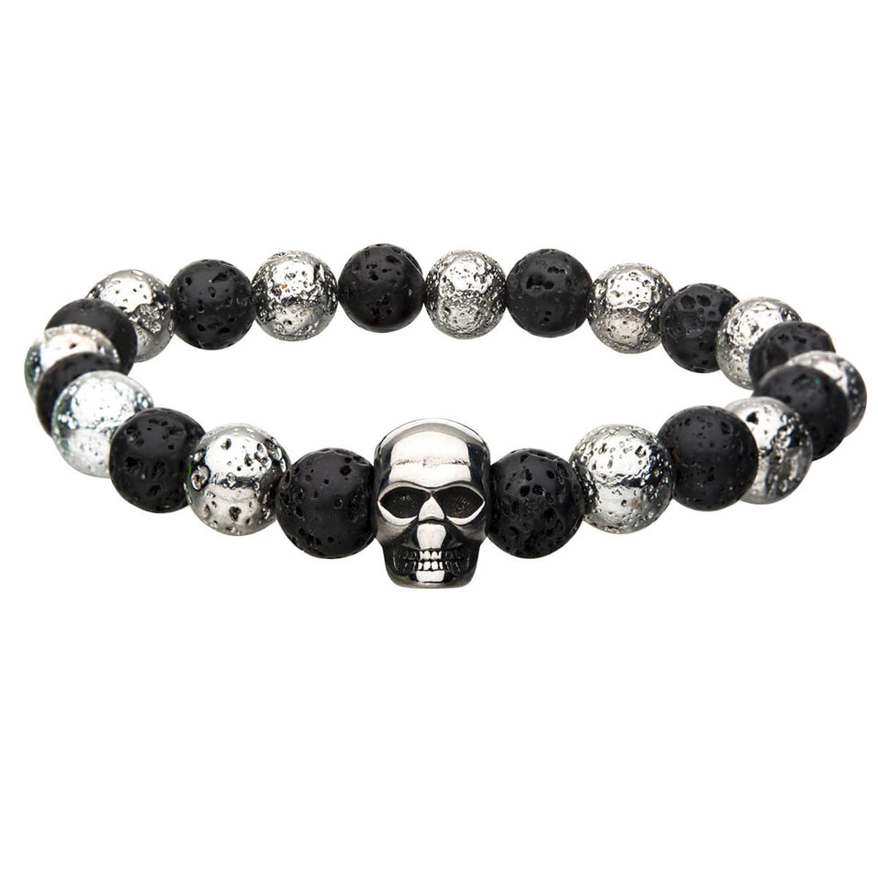 THE CRYPT Mens Bracelet Steel and Black Volcanic Lava Bead with Skull