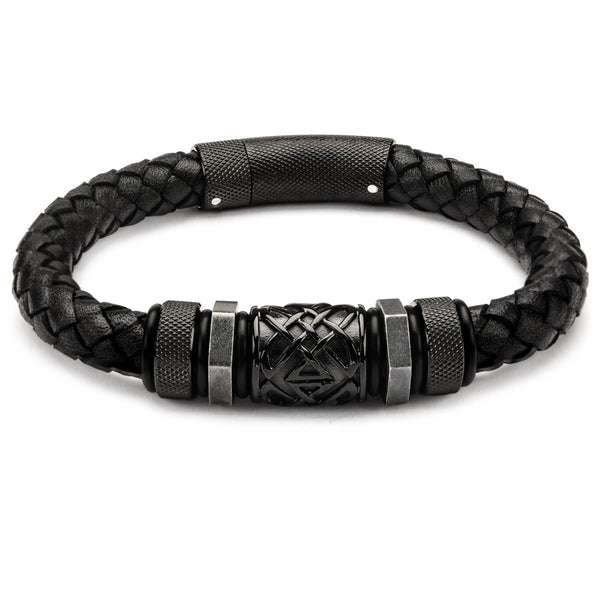 Dark Matter Black Steel Barrel Bead Black Leather Bracelet