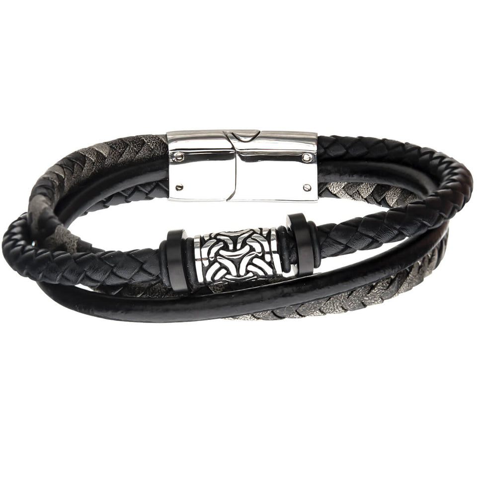 EXHIBIT Steel and Black Leather Multi-strand Bracelet for Men