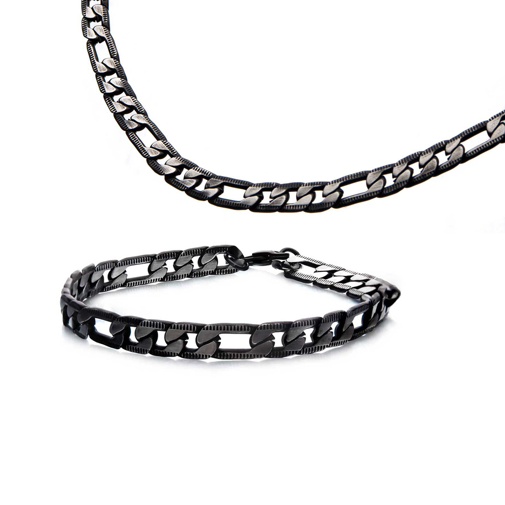 BLACK EON Black Stainless Steel Flat Figaro Link Mens Bracelet