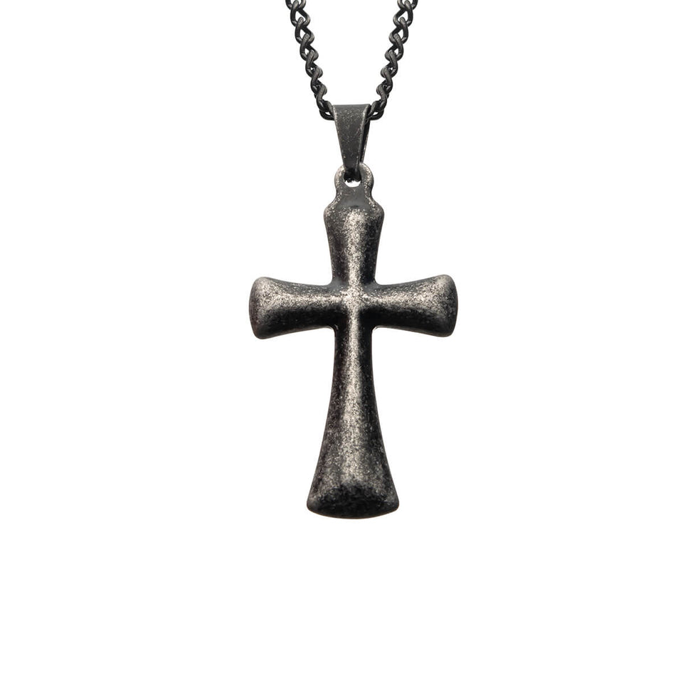AGED CROSS Mens Pendant Necklace Antique Steel with Curb Link Chain
