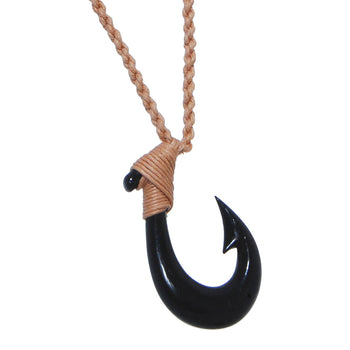 Brown Hawaiian Fish Hook Pendant Necklace Hemp Cord Chain - Maori Tribal  Necklace - Adjustable Black Cord