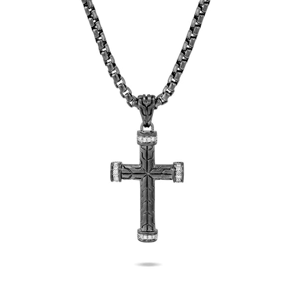 John Hardy Mens Pave Diamond Cross Necklace in Matte Black Rhodium