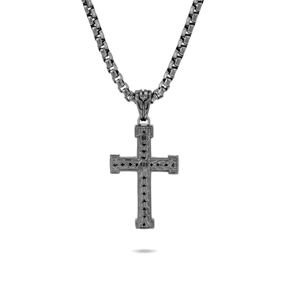John Hardy Mens Pave Diamond Cross Necklace in Matte Black Rhodium