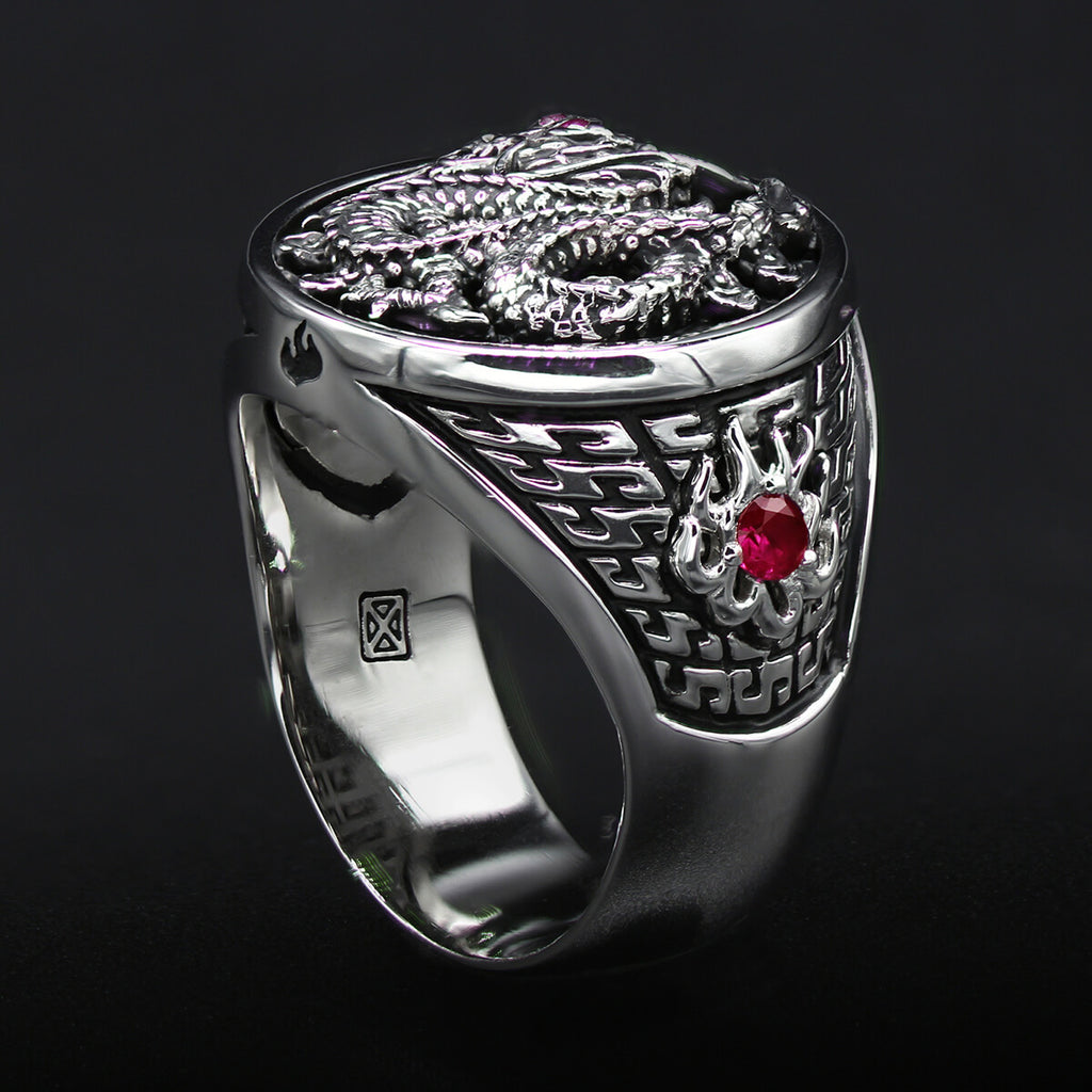 Ecks CHINESE DRAGON Sterling Silver Ring for Men with Red Ruby Eyes