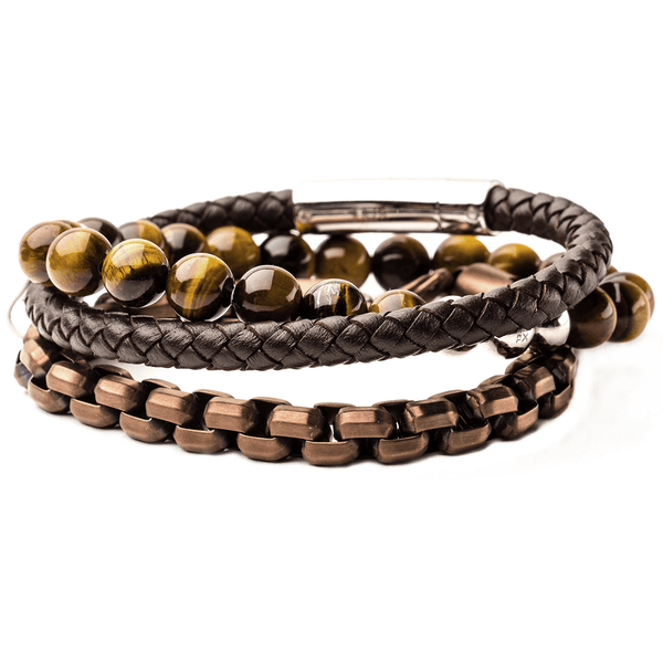 BACKBONE Mens Bracelet Stack Leather & Steel w/ Carbon Graphite Beads