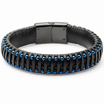 Black Leather Bracelet with Blue Stainless Steel Accents Large (9)