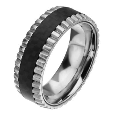 Gear Teeth Black Carbon Fiber Stainless Steel Mens Ring