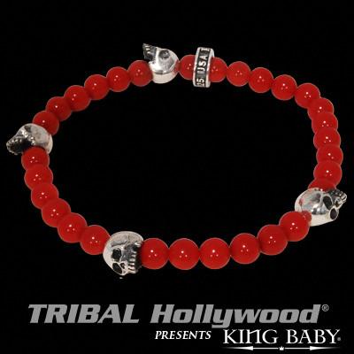6mm Red Coral Bead Bracelet w/ 4 Skulls | M / Red - King Baby Studio
