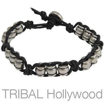 Ettika Man Wine Barrel Black Leather Mens Bead Bracelet