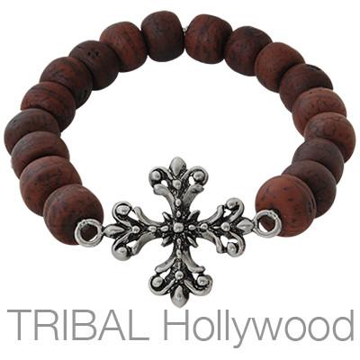White Turquoise Cross Spiritual Bracelet, Wooden Beads – Ritual